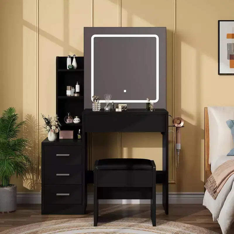 Vanity Desk Set with PU Stool, Makeup Vanity Table with 4 Drawers, Open Storage Shelves & Sliding Lighted LED Mirror