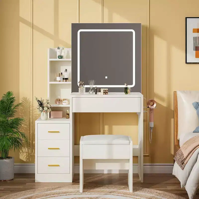 Coiffeuse avec tabouret en PU, table de maquillage avec 4 tiroirs, étagères de rangement ouvertes et miroir coulissant lumineux à LED