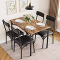5 Piece Rectangular Dining Table Set for 4 People, Metal and Wood Table with 4 Padded Upholstered Chairs, Kitchen and Dining Room, Rustic Brown