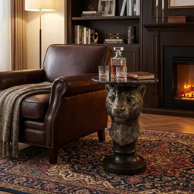Leopard Head Accent Table, Animal Statue End Table for Living Room Home Decor