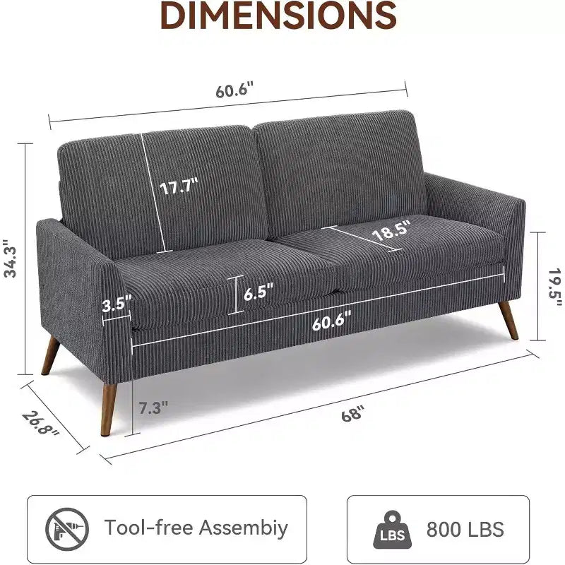 Canapé 2 places en velours côtelé Dyonery 68 avec coussins à ressorts, cadre en bois massif, assise profonde pour salon et chambre