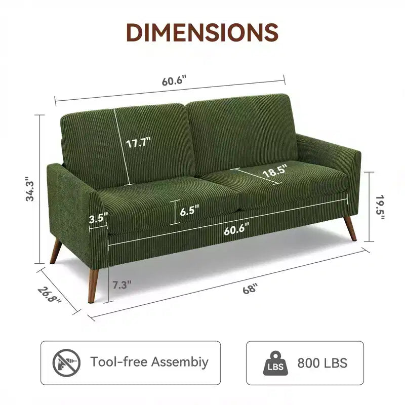Canapé 2 places en velours côtelé Dyonery 68 avec coussins à ressorts, cadre en bois massif, assise profonde pour salon et chambre