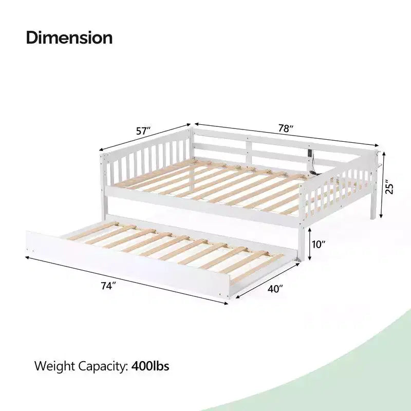 Lit en bois blanc pleine taille Karl Home avec lit gigogne, bande lumineuse, station de recharge et barrière de sécurité