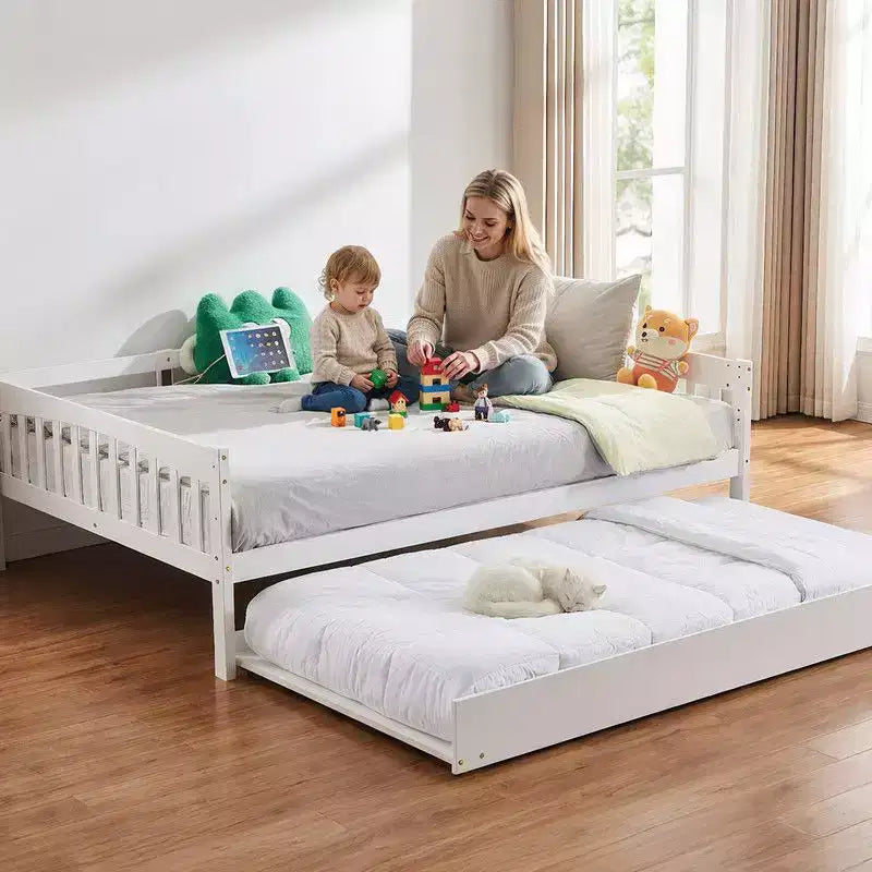 Lit en bois blanc pleine taille Karl Home avec lit gigogne, bande lumineuse, station de recharge et barrière de sécurité