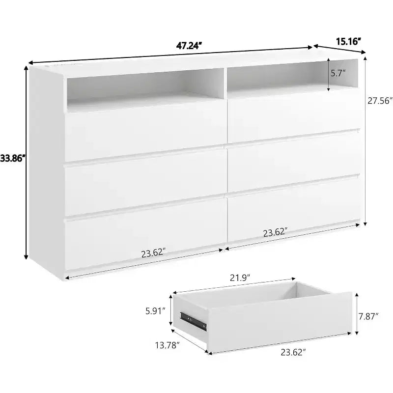 Commode double Dyonery à 6 tiroirs avec prise de courant et lumières LED, grand coffre de rangement avec étagères ouvertes, noir