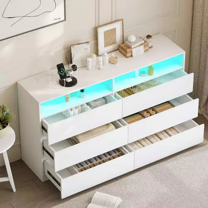 Commode double Dyonery à 6 tiroirs avec prise de courant et lumières LED, grand coffre de rangement avec étagères ouvertes, noir