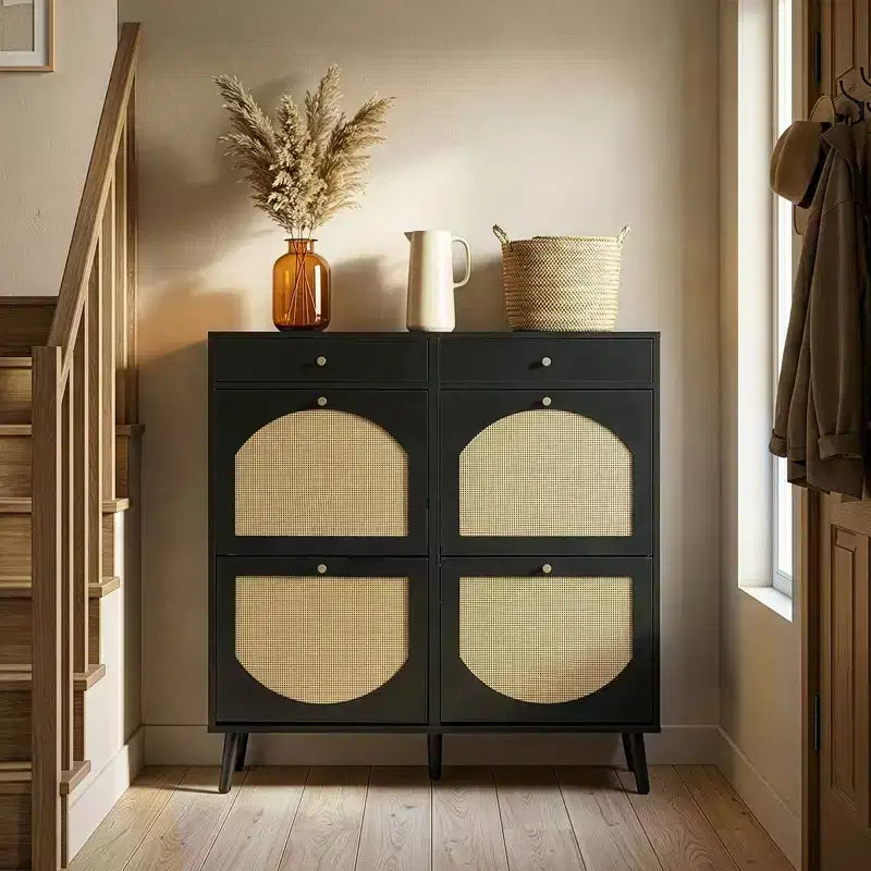 Karl Home Rattan Panel 2 Drawers 4 Flip-Drawer Shoe Cabinet Particleboard 41.34 W