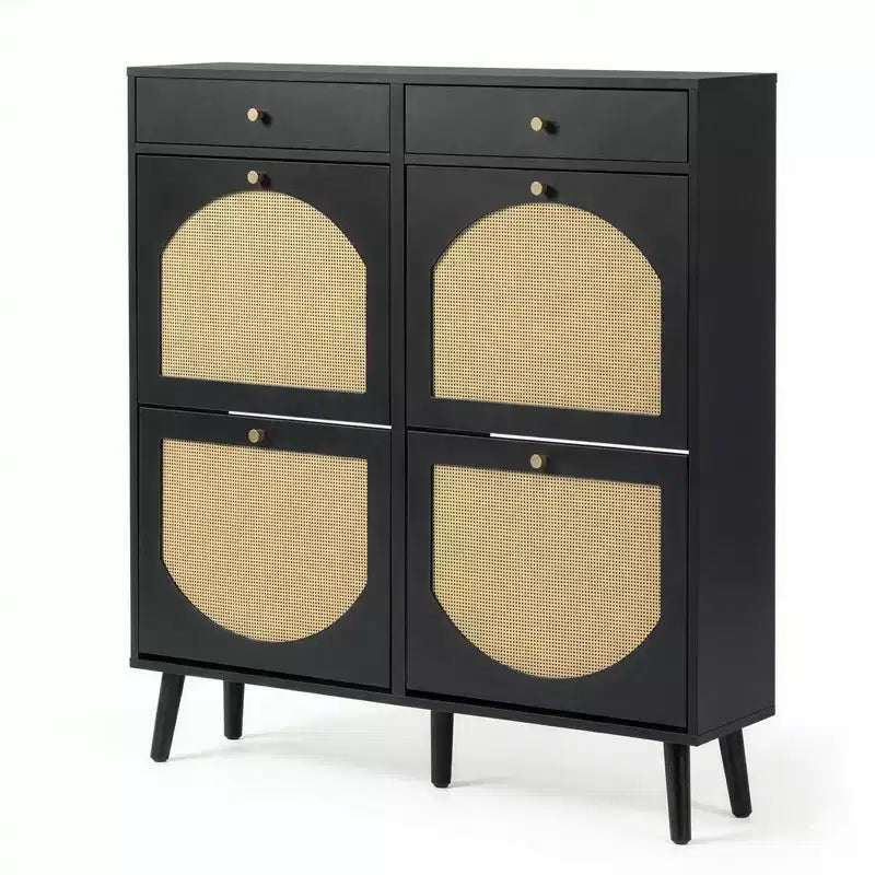 Karl Home Meuble à chaussures en rotin avec 2 tiroirs et 4 compartiments basculants en panneaux de particules 105 cm (L)