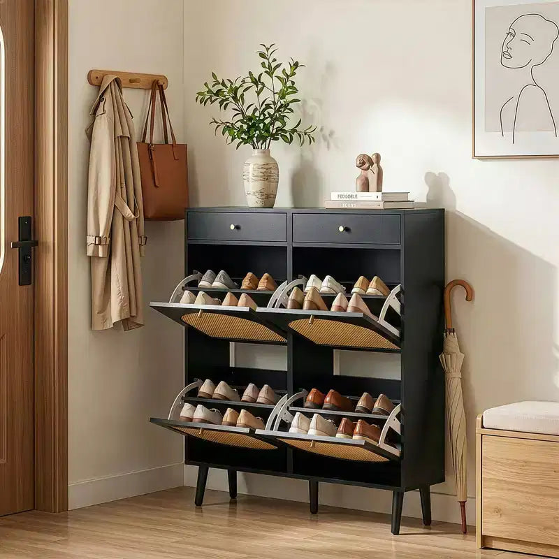 Karl Home Meuble à chaussures en rotin avec 2 tiroirs et 4 compartiments basculants en panneaux de particules 105 cm (L)