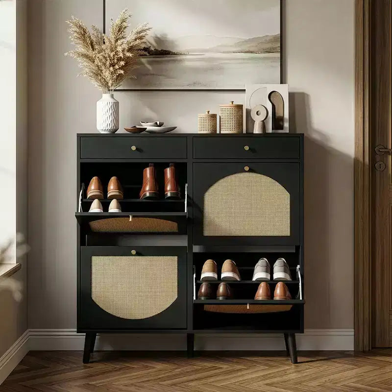 Karl Home Meuble à chaussures en rotin avec 2 tiroirs et 4 compartiments basculants en panneaux de particules 105 cm (L)