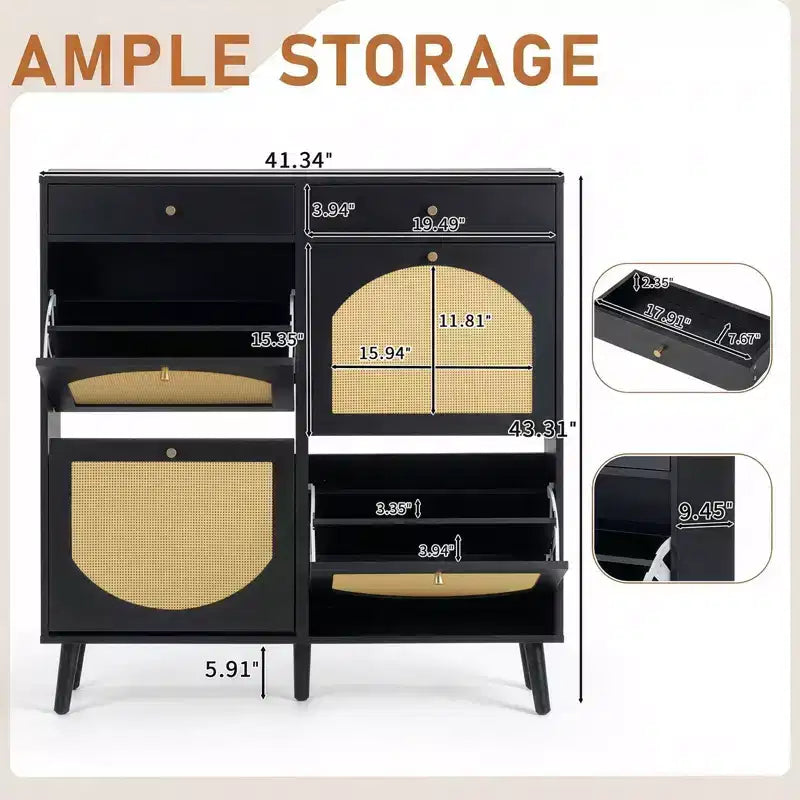 Karl Home Meuble à chaussures en rotin avec 2 tiroirs et 4 compartiments basculants en panneaux de particules 105 cm (L)
