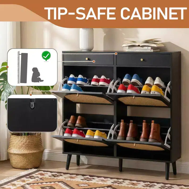 Karl Home Meuble à chaussures en rotin avec 2 tiroirs et 4 compartiments basculants en panneaux de particules 105 cm (L)