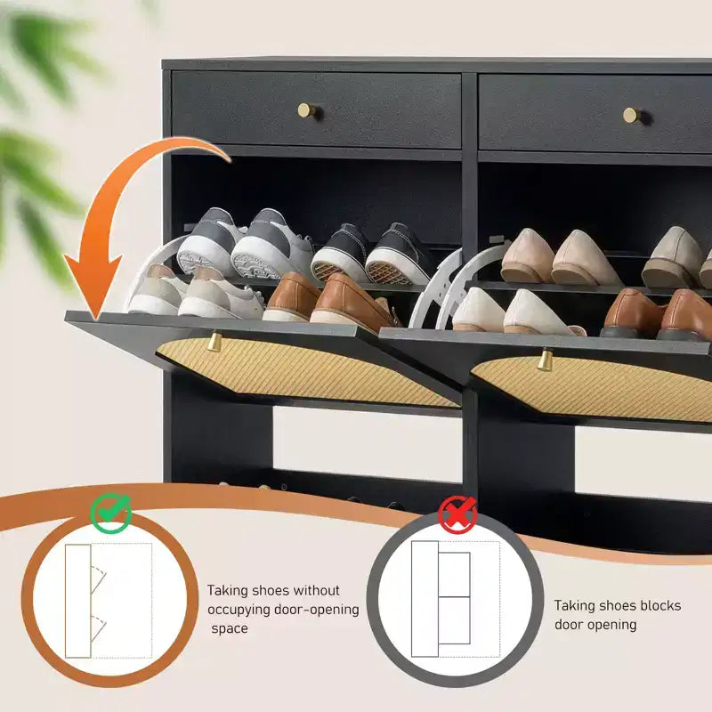 Karl Home Meuble à chaussures en rotin avec 2 tiroirs et 4 compartiments basculants en panneaux de particules 105 cm (L)