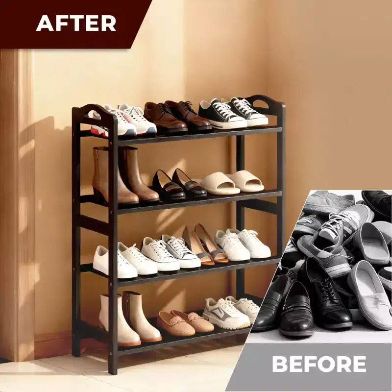 Karl Home Étagère à Chaussures Portable 4 Niveaux en Bambou 12 Lattes Noir 68 cm