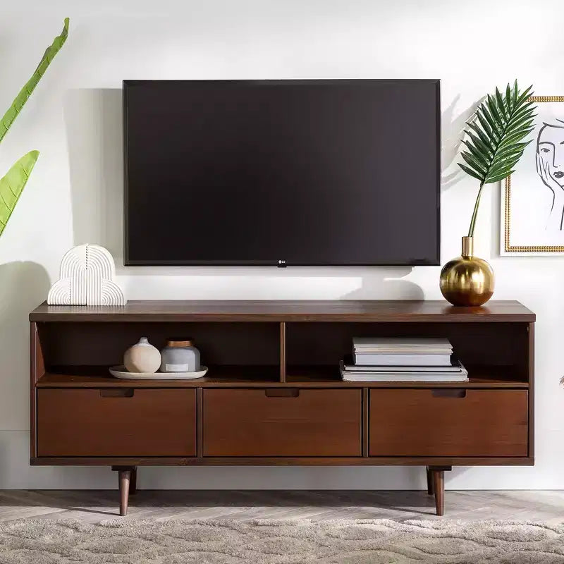 Meuble TV Mid-Century Modern à 3 tiroirs pour téléviseurs jusqu'à 65 po