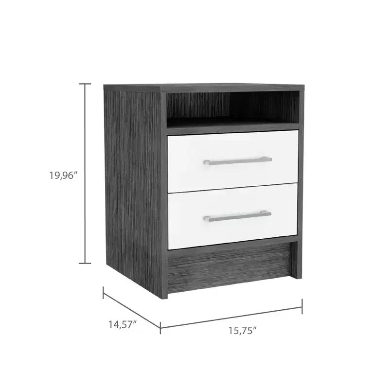 Cette table de chevet, bout de canapé, table d'appoint Eter avec plateau supérieur et deux tiroirs – Chêne fumé/blanc allie style contemporain et rangement astucieux.