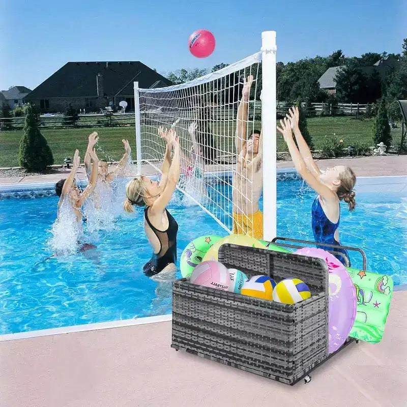 Rangement flottant pour piscine extérieure avec roues, panier organisateur de piscine en rotin PE imperméable, bac de rangement roulant pour patio, chariot de rangement de piscine en osier durable