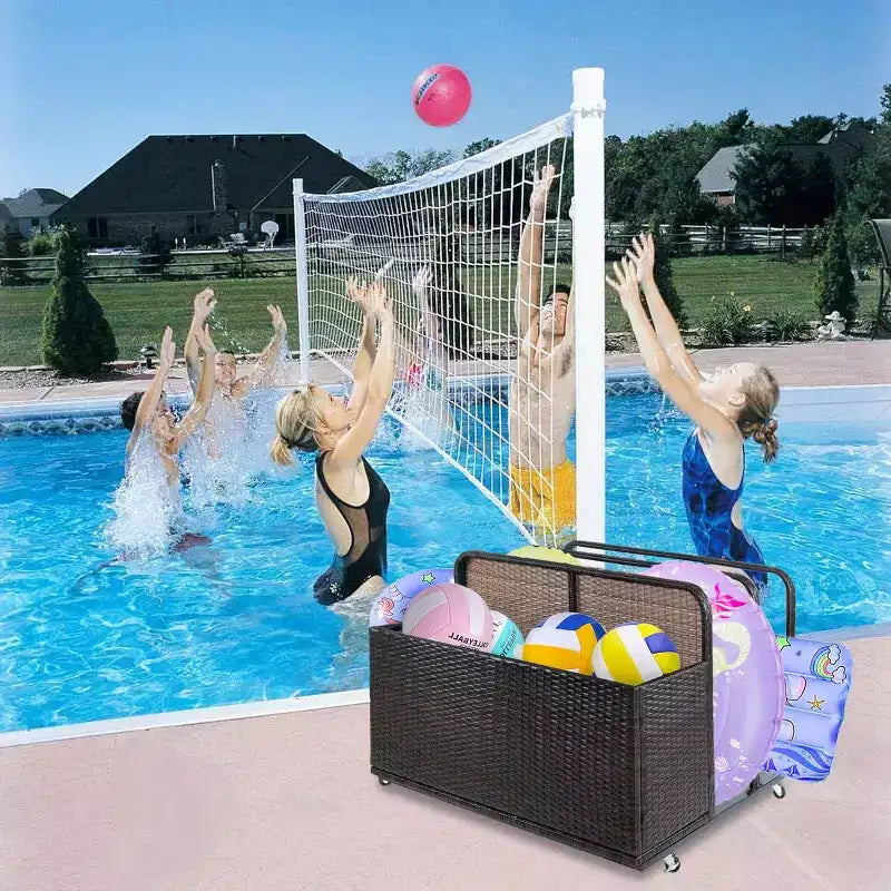 Rangement flottant pour piscine extérieure avec roues, panier organisateur de piscine en rotin PE imperméable, bac de rangement roulant pour patio, chariot de rangement de piscine en osier durable