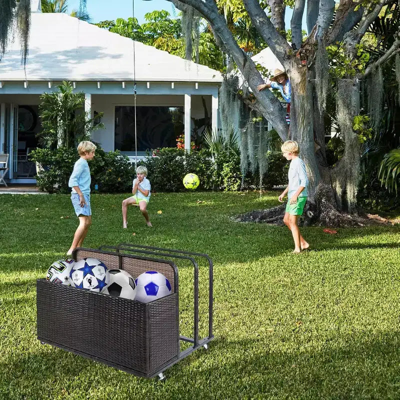 Rangement flottant pour piscine extérieure avec roues, panier organisateur de piscine en rotin PE imperméable, bac de rangement roulant pour patio, chariot de rangement de piscine en osier durable