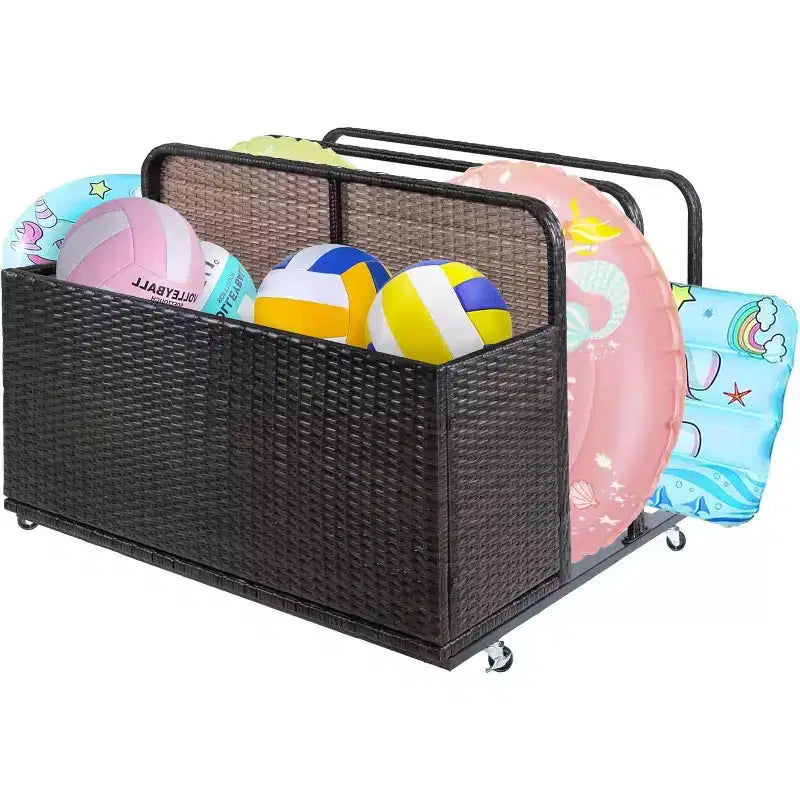 Outdoor Pool Float Storage with Wheels, Waterproof PE Rattan Poolside Organizer Basket, Rolling Patio Storage Bin, Durable Wicker Pool Storage Caddy