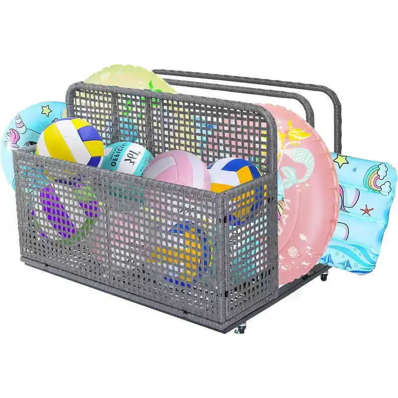 Rangement flottant pour piscine extérieure avec roues, panier organisateur de piscine en rotin PE imperméable, bac de rangement roulant pour patio, chariot de rangement de piscine en osier durable