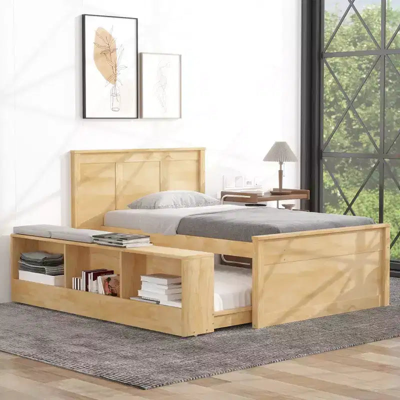 Cadre de lit plateforme en bois double/complet avec lit gigogne et armoire de rangement pour chambre, salon - ModernLuxe