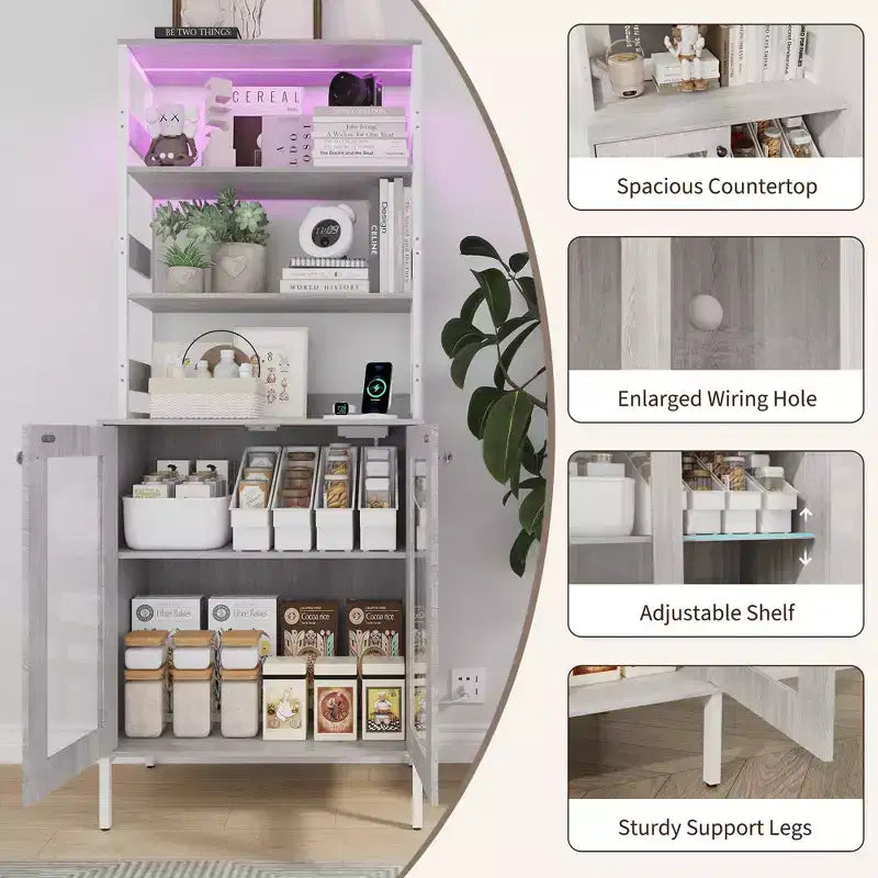 Étagère de boulanger de 170 cm avec rangement, armoire de bar à café de ferme, support à micro-ondes avec étagères réglables pour cuisine salle à manger