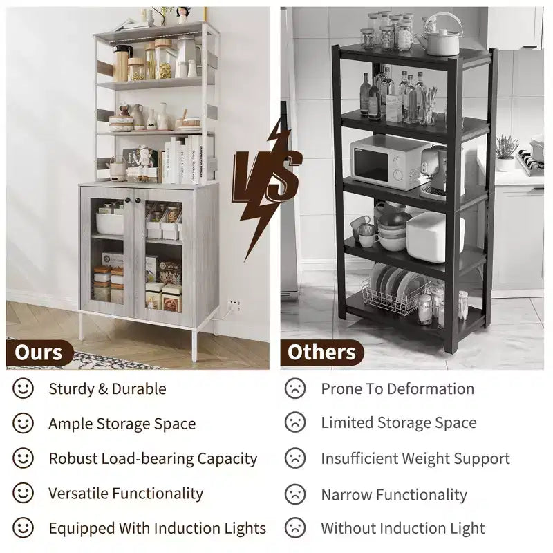 Étagère de boulanger de 170 cm avec rangement, armoire de bar à café de ferme, support à micro-ondes avec étagères réglables pour cuisine salle à manger