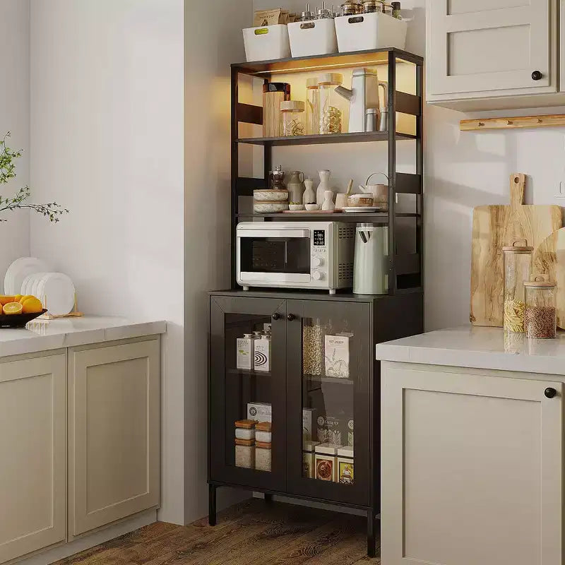 Étagère de boulanger de 170 cm avec rangement, armoire de bar à café de ferme, support à micro-ondes avec étagères réglables pour cuisine salle à manger