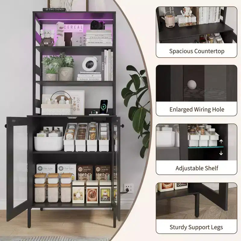 Étagère de boulanger de 170 cm avec rangement, armoire de bar à café de ferme, support à micro-ondes avec étagères réglables pour cuisine salle à manger