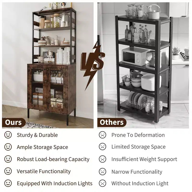 Étagère de boulanger de 170 cm avec rangement, armoire de bar à café de ferme, support à micro-ondes avec étagères réglables pour cuisine salle à manger