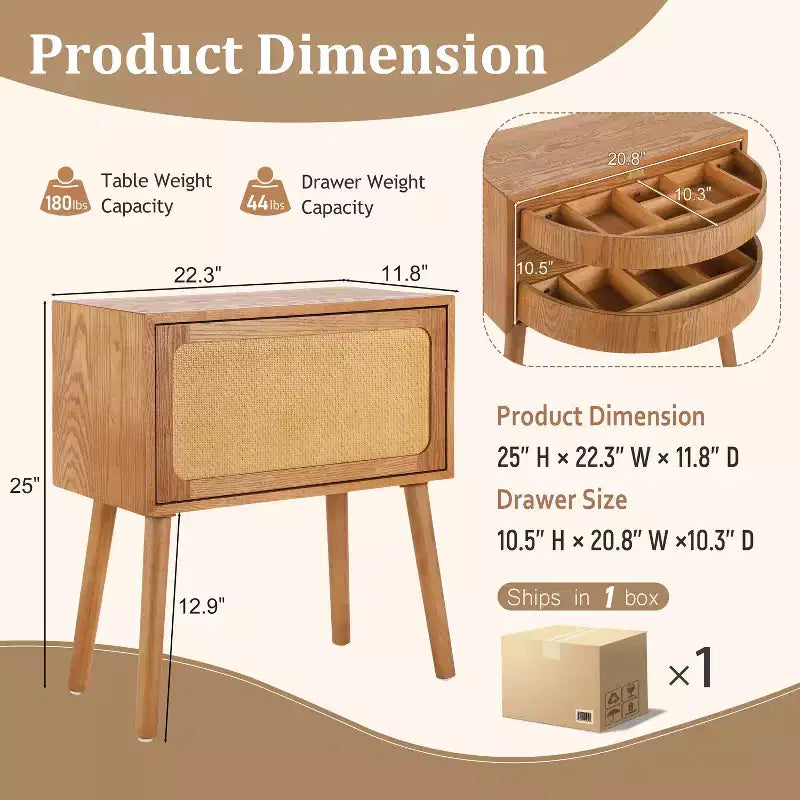 Table de chevet rotative cachée en rotin de style bohème pour chambre à coucher et salon