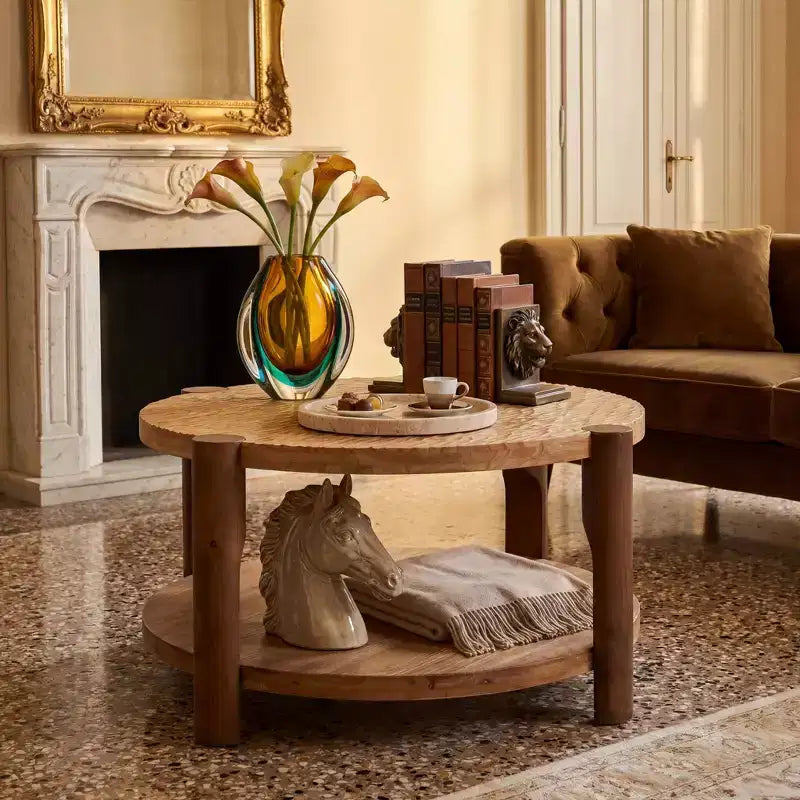 JVNOXK 2-Tier Round Solid Wood Coffee Table with Storage Shelf, Mid Century Modern Table for Small Spaces