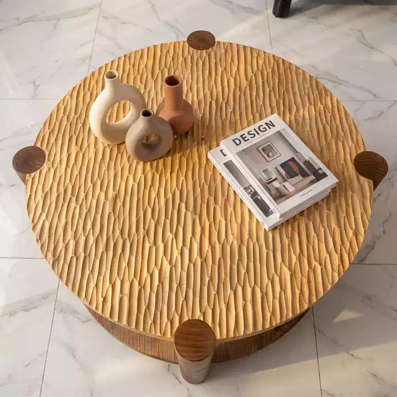 JVNOXK Table basse ronde à 2 niveaux en bois massif avec étagère de rangement, table moderne du milieu du siècle pour petits espaces