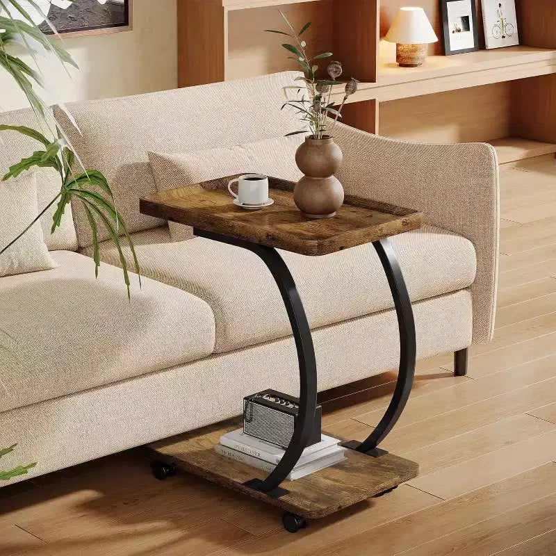 Lantine C-Shaped End Table, 2-Tier Small Side Table with Wheels, Wood Bedside Snack Couch Table for Living Room Small Spaces, Brown