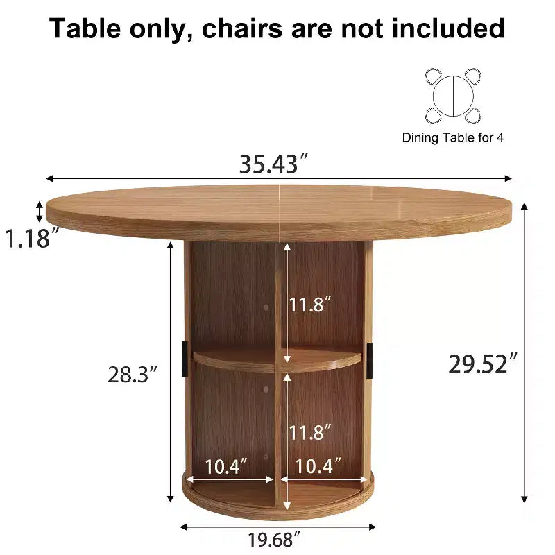 Table à manger ronde Dyonery 35,5 avec étagère de rangement, base en bois cannelée pour 2 à 4 personnes, noyer