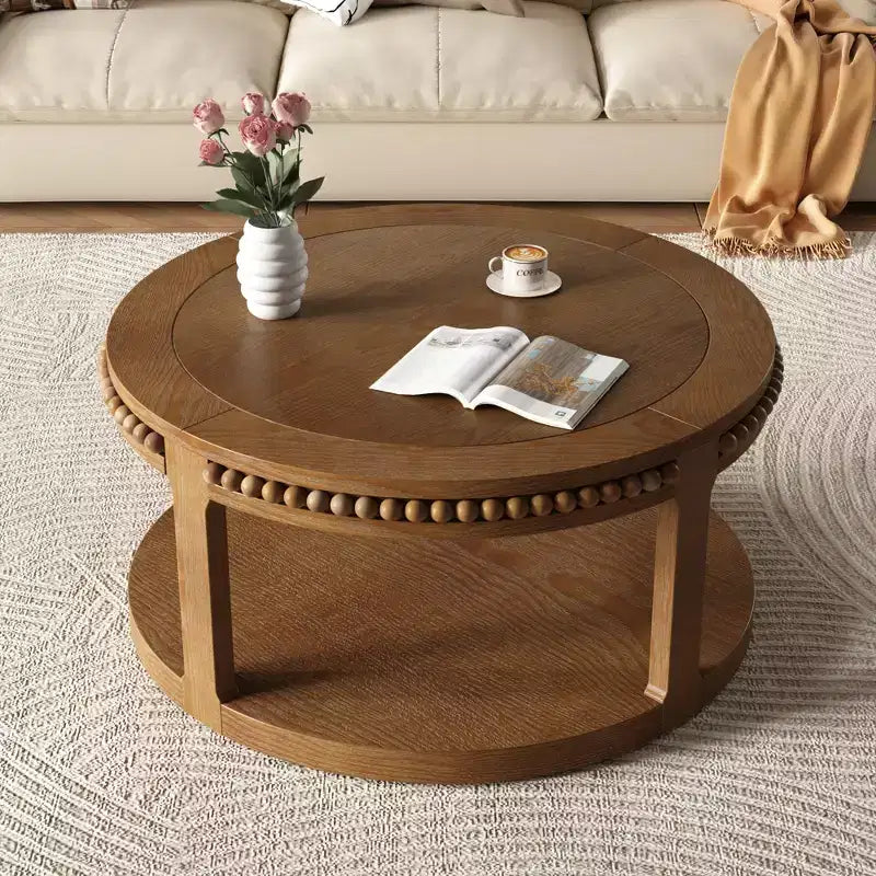 Table basse et table d'appoint rondes en bois massif de 31,5 pouces - Plateau épais à deux niveaux, pieds robustes, table ronde pour le salon