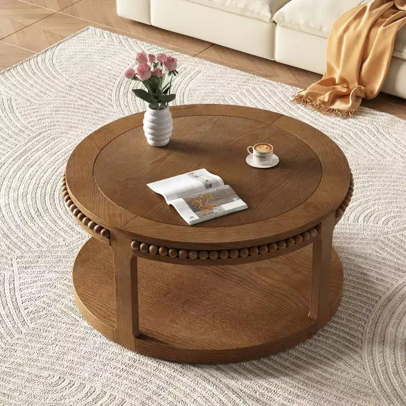Table basse et table d'appoint rondes en bois massif de 31,5 pouces - Plateau épais à deux niveaux, pieds robustes, table ronde pour le salon