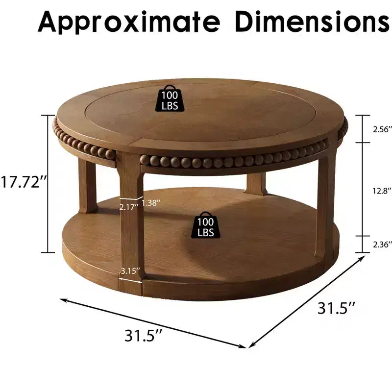 Table basse et table d'appoint rondes en bois massif de 31,5 pouces - Plateau épais à deux niveaux, pieds robustes, table ronde pour le salon