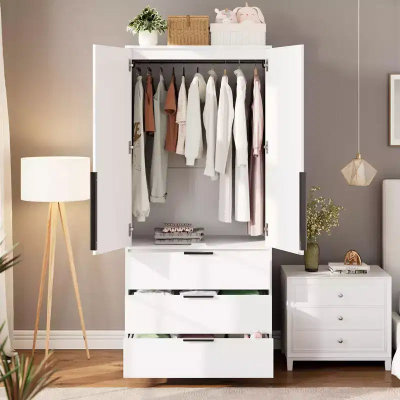 Armoire-penderie haute en bois de 176,5 cm avec 2 portes en rotin, 3 tiroirs et une tringle. Grande armoire de rangement autoportante pour vêtements de chambre.