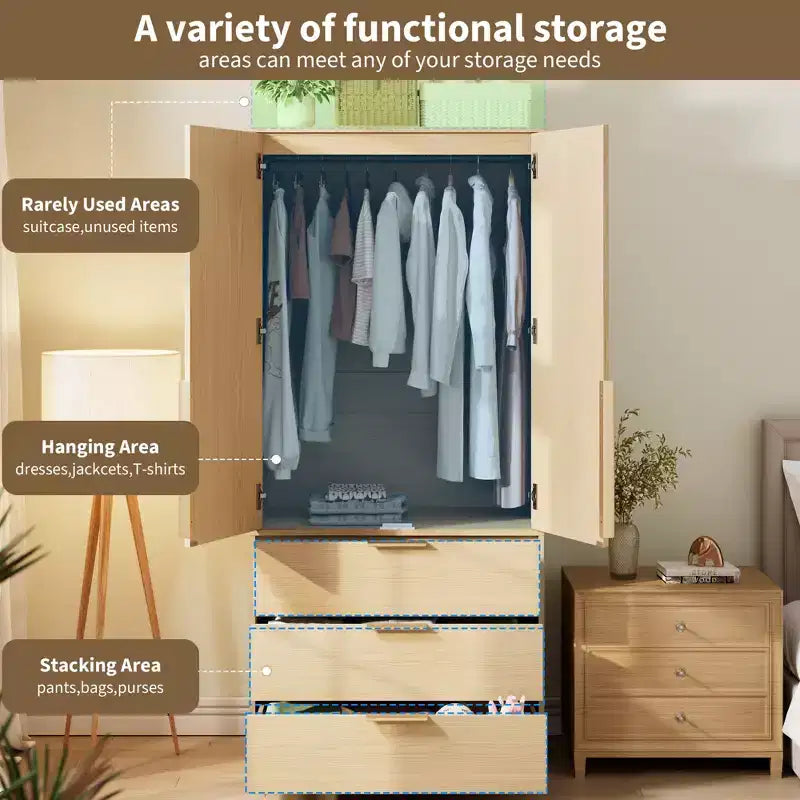 Armoire-penderie haute en bois de 176,5 cm avec 2 portes en rotin, 3 tiroirs et une tringle. Grande armoire de rangement autoportante pour vêtements de chambre.
