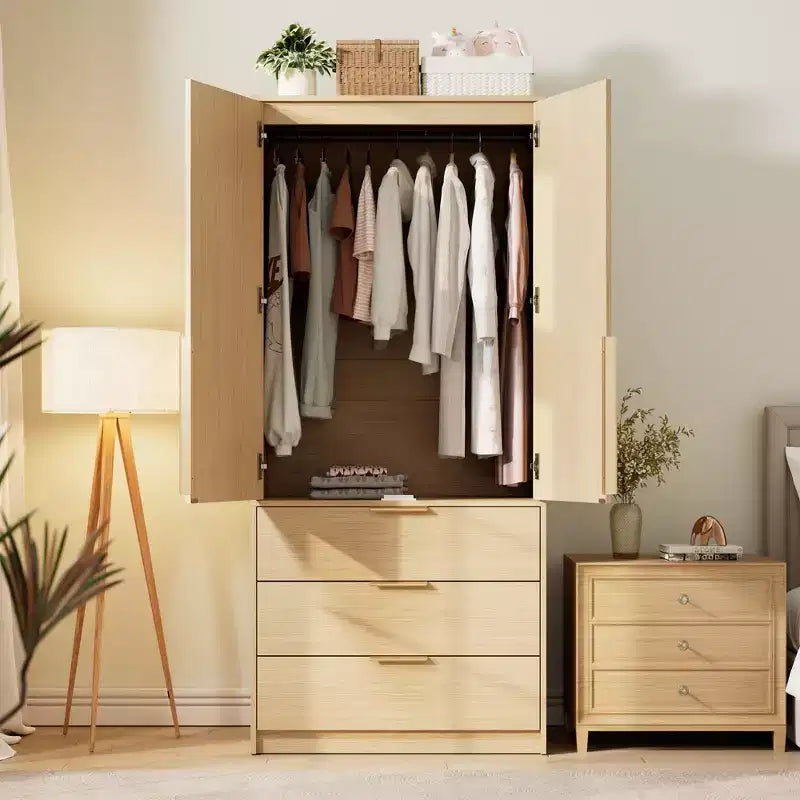 Armoire-penderie haute en bois de 176,5 cm avec 2 portes en rotin, 3 tiroirs et une tringle. Grande armoire de rangement autoportante pour vêtements de chambre.