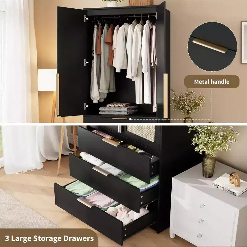 Armoire-penderie haute en bois de 176,5 cm avec 2 portes en rotin, 3 tiroirs et une tringle. Grande armoire de rangement autoportante pour vêtements de chambre.