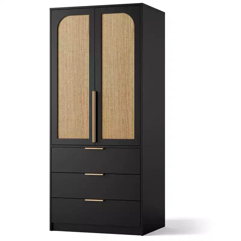Armoire-penderie haute en bois de 176,5 cm avec 2 portes en rotin, 3 tiroirs et une tringle. Grande armoire de rangement autoportante pour vêtements de chambre.