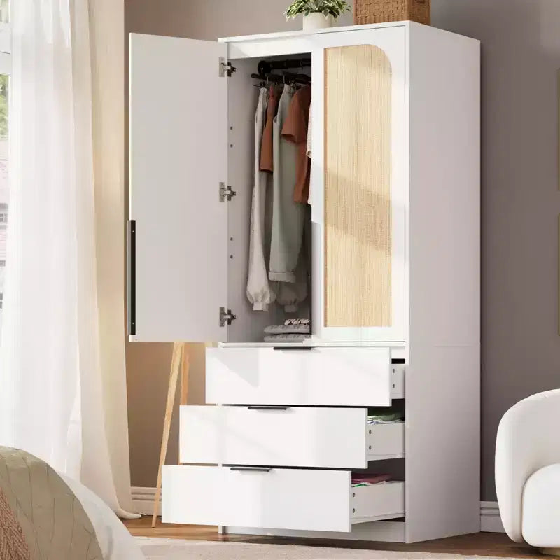 Armoire-penderie haute en bois de 176,5 cm avec 2 portes en rotin, 3 tiroirs et une tringle. Grande armoire de rangement autoportante pour vêtements de chambre.