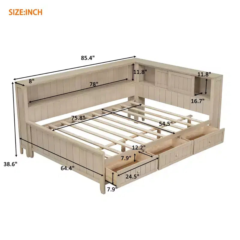 Lit de repos double en bois FAMYYT avec étagères de rangement et 3 tiroirs, montage facile