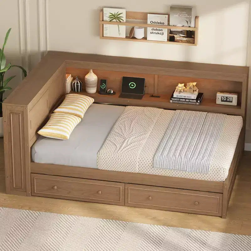 Lit de repos pleine grandeur en bois FAMYYT avec étagères de rangement, USB, LED et 2 tiroirs, couleur bois antique