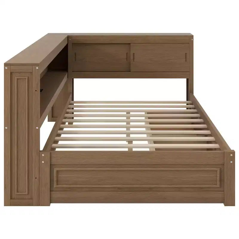 Lit de repos pleine grandeur en bois FAMYYT avec étagères de rangement, USB, LED et 2 tiroirs, couleur bois antique
