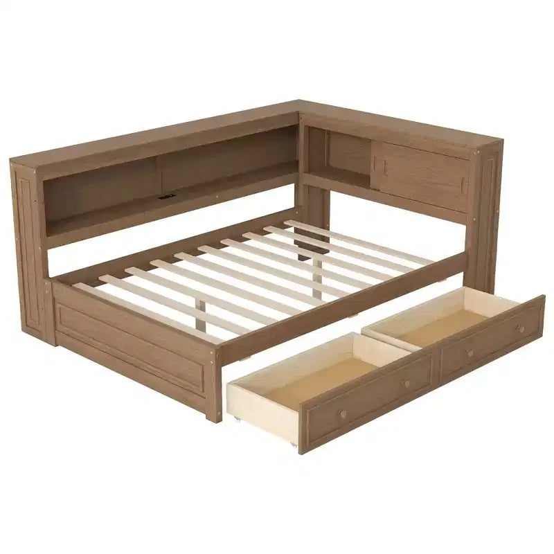 Lit de repos pleine grandeur en bois FAMYYT avec étagères de rangement, USB, LED et 2 tiroirs, couleur bois antique