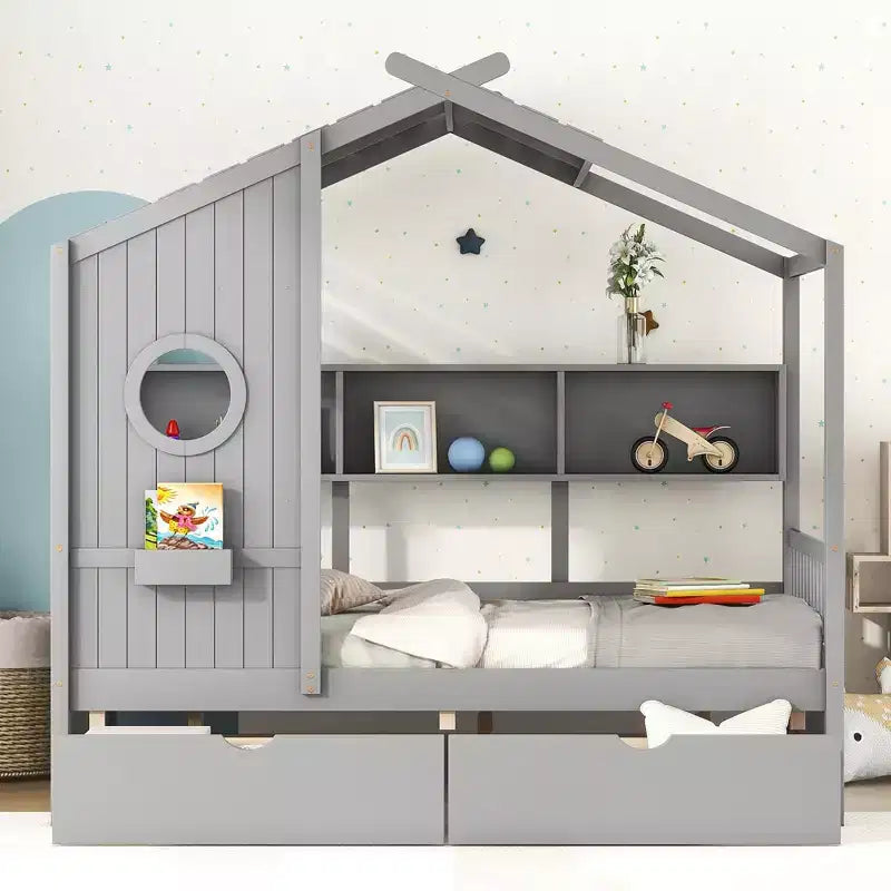 Lit cabane en bois avec 2 tiroirs et étagère de rangement pour enfants, gris
